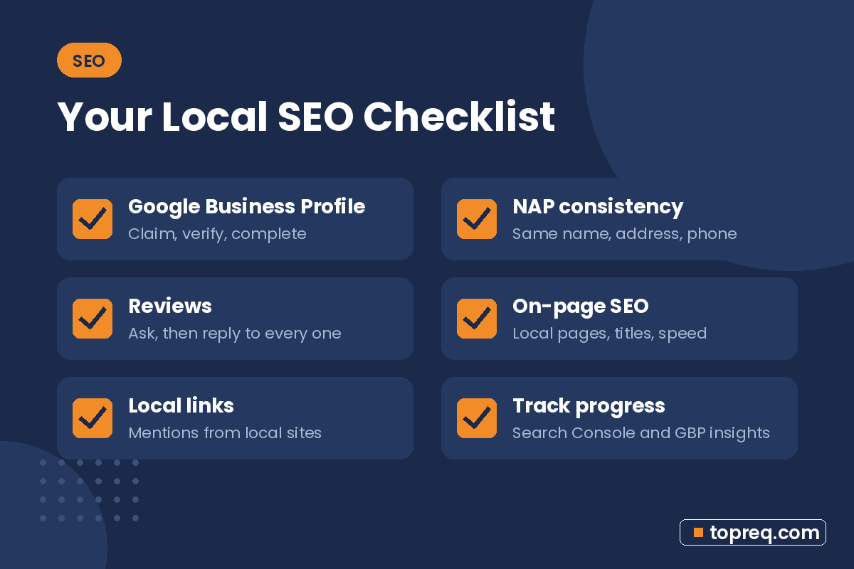 Local SEO checklist graphic covering Google Business Profile, NAP citations, reviews, on-page basics, and local links