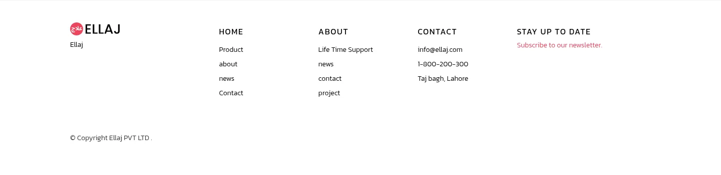 Ellaj website footer with contact links and newsletter signup form