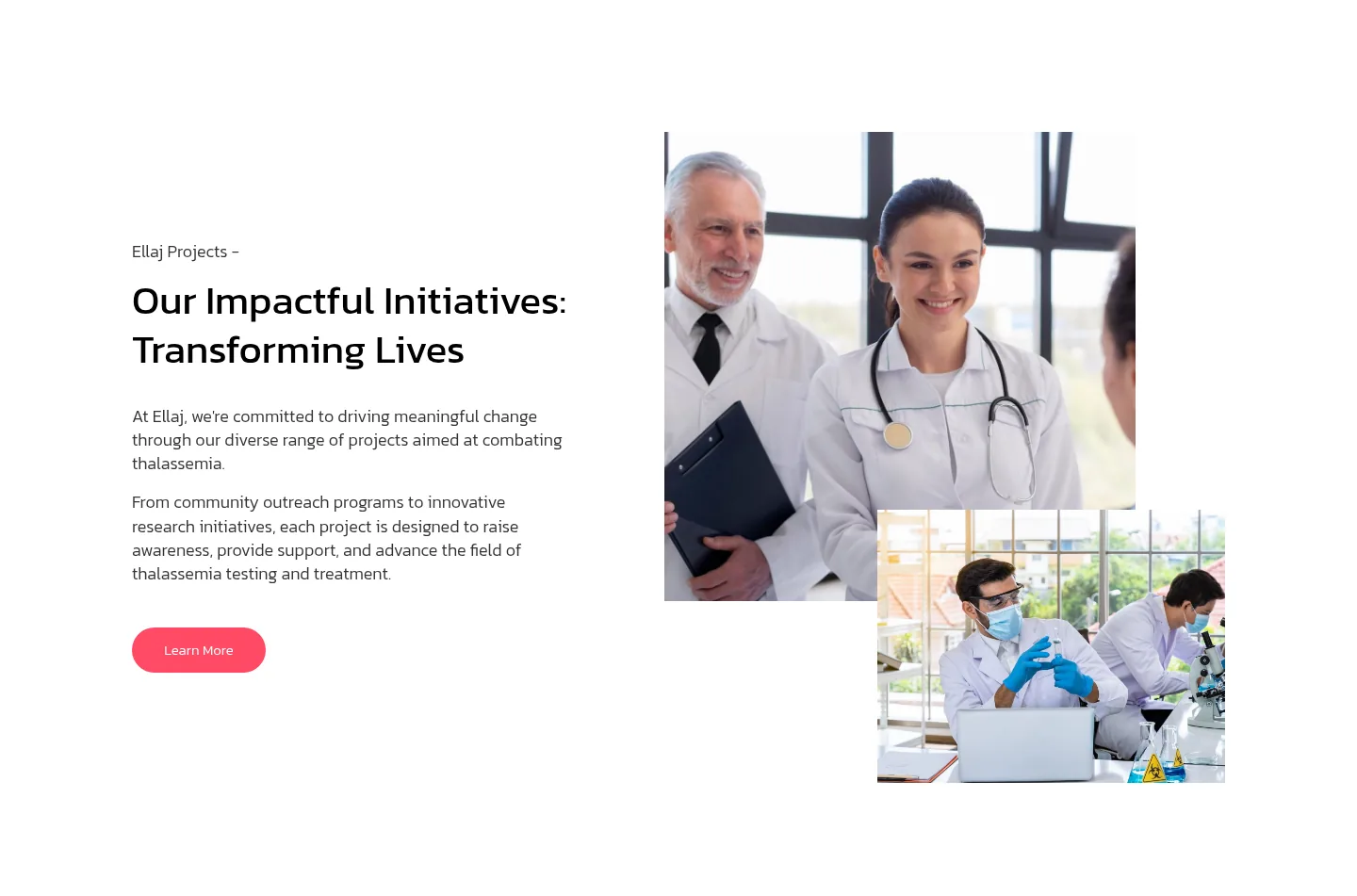 Ellaj initiatives section with two overlapping photos in Webflow