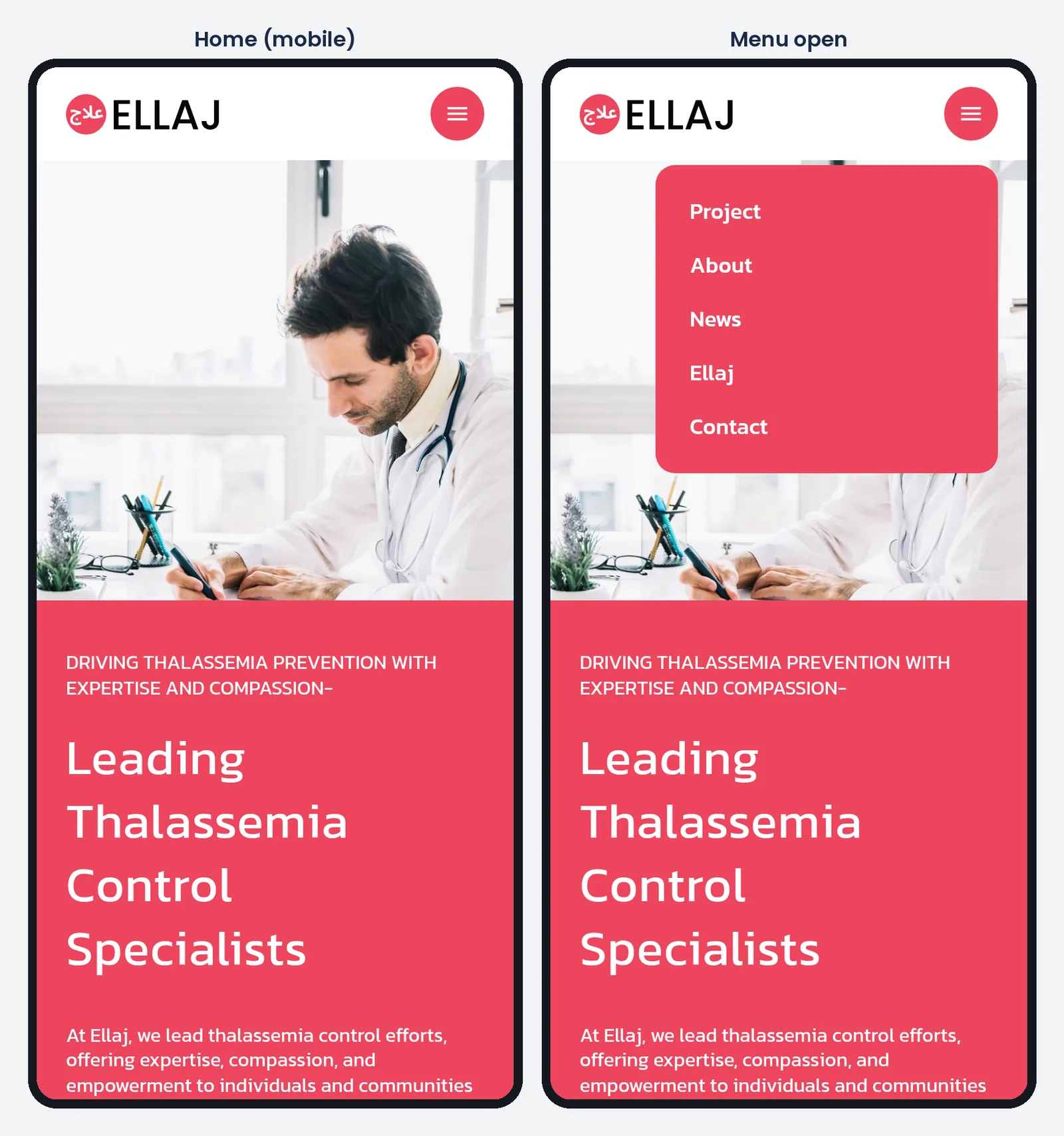 Ellaj Webflow website on mobile with the menu closed and open
