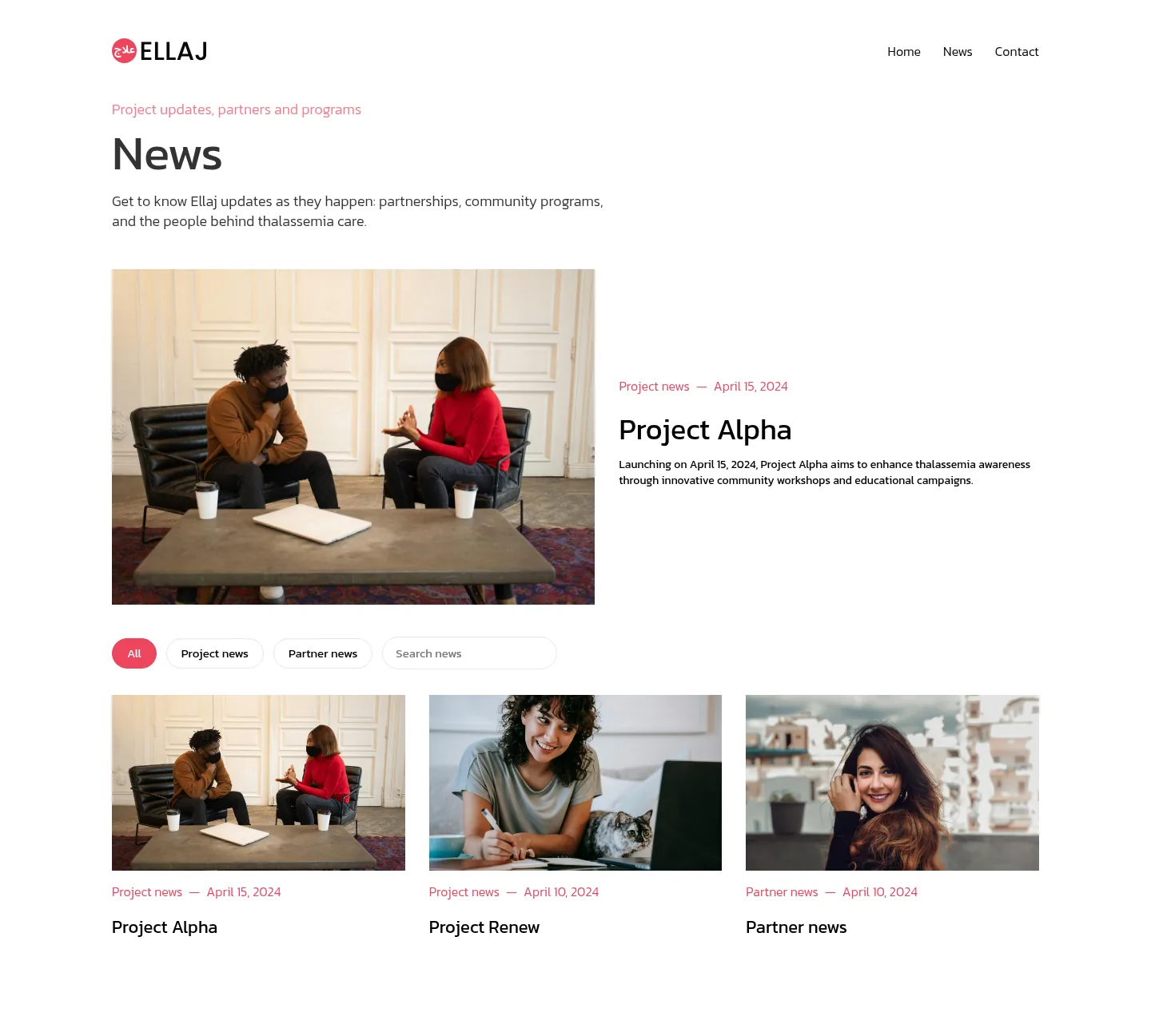 Ellaj News page in Webflow with CMS story cards, category filters and search