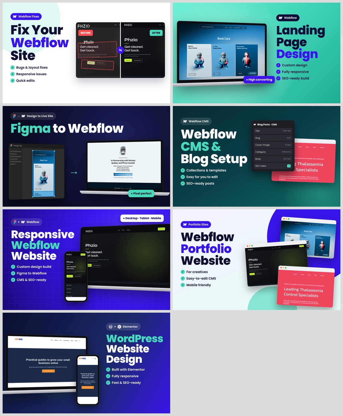 New set of Fiverr gig thumbnails with bold headlines and distinct colors