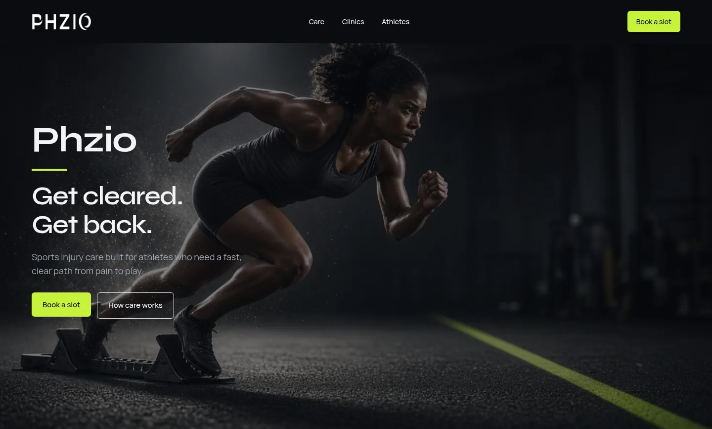 Phzio physiotherapy website design homepage hero built in Webflow