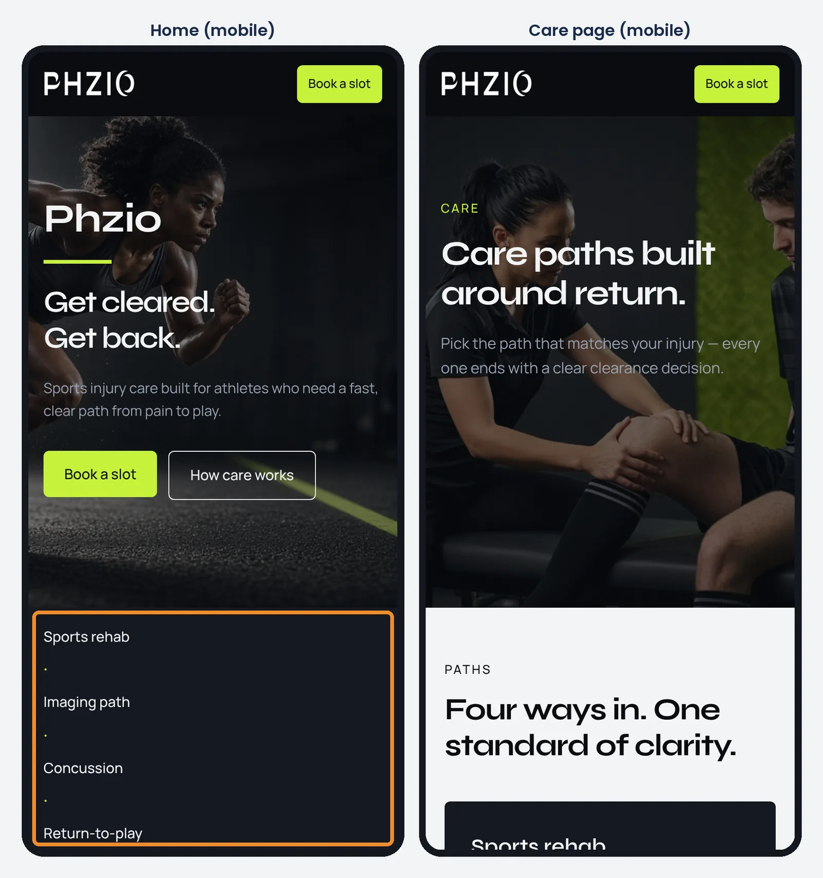 Phzio physiotherapy website on mobile: homepage and Care page