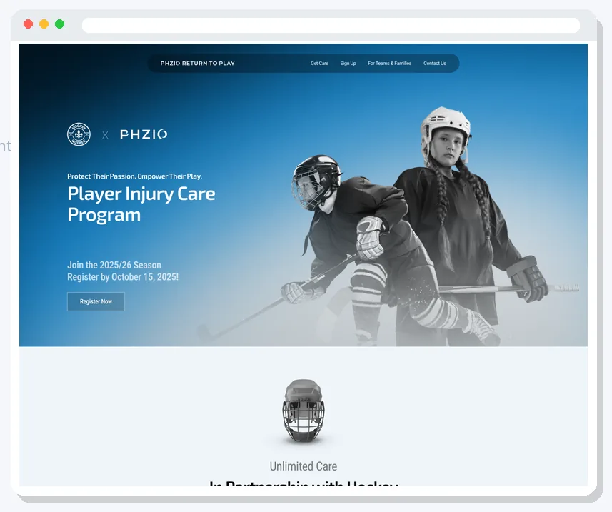 Phzio Return to Play program landing page hero designed in Figma